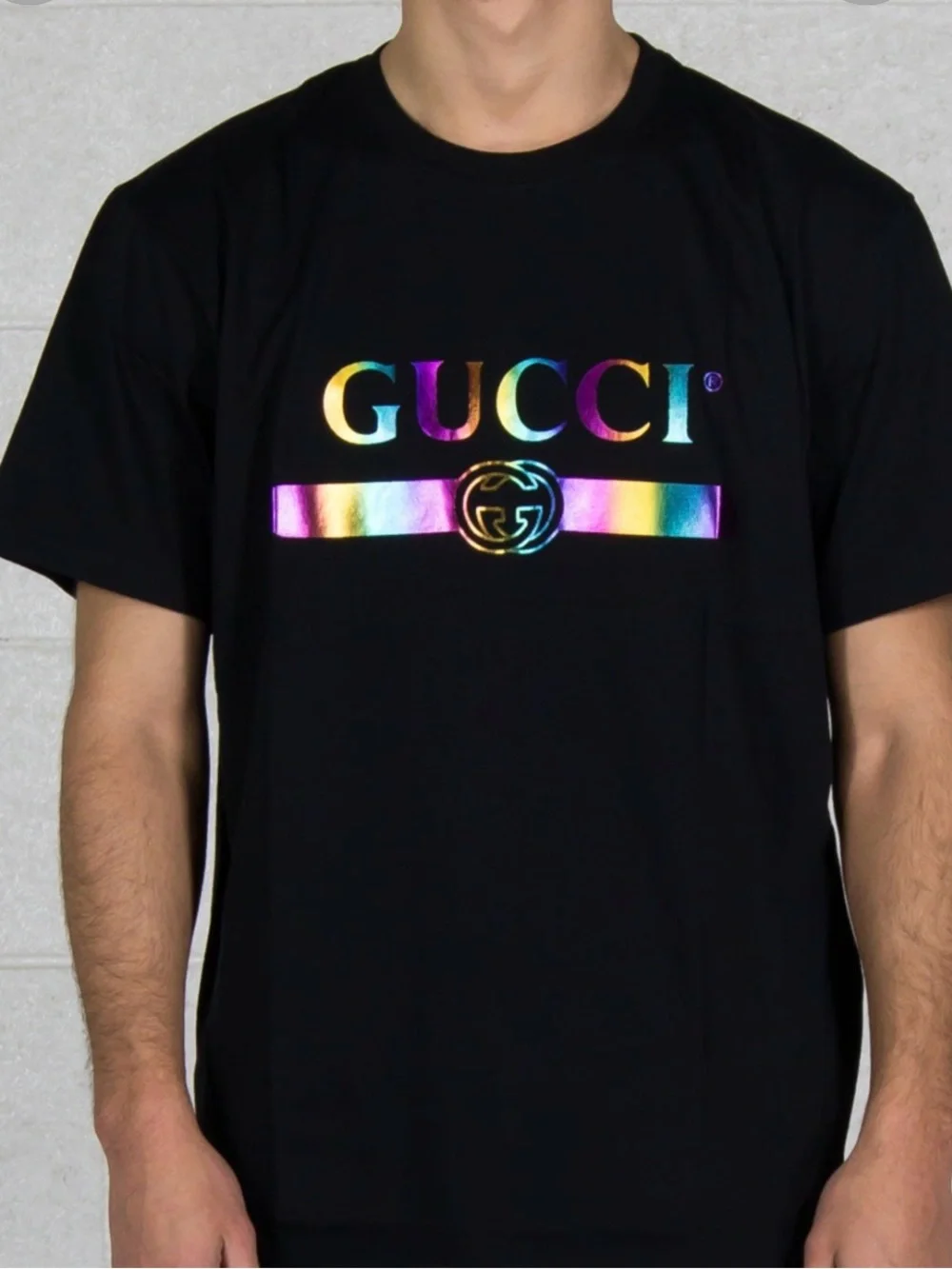 Gucci Black Short Sleeve Tee with Iridescent Rainbow Logo